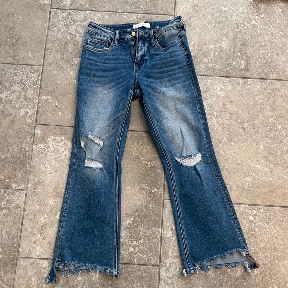 Flying Monkey Washed Blue Distressed Flare Jeans with Frayed Hem Size 26